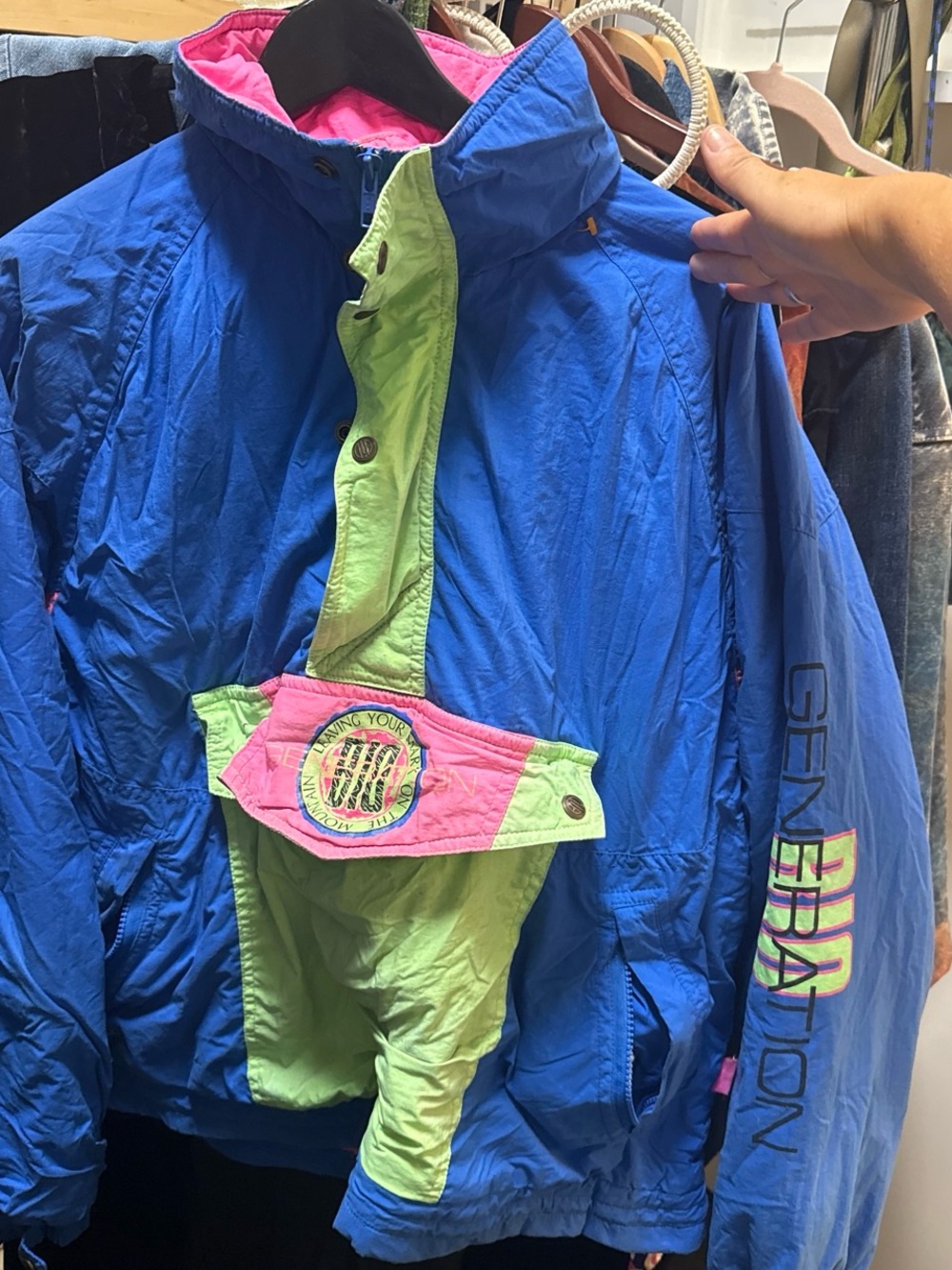 Vintage funky 80’s Neon Blue Pullover Ski Snowboard Snow Jacket Kangaroo Pocket!